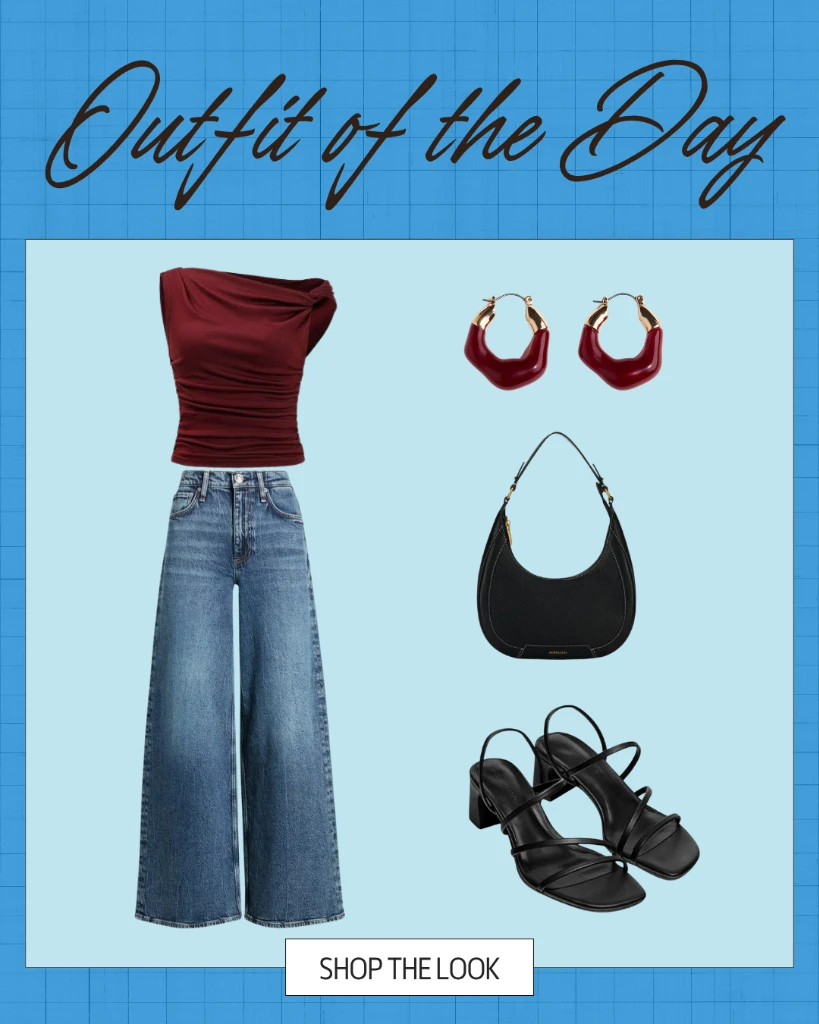 Outfit 3 — Burgundy Draped Top & Wide Leg Denim