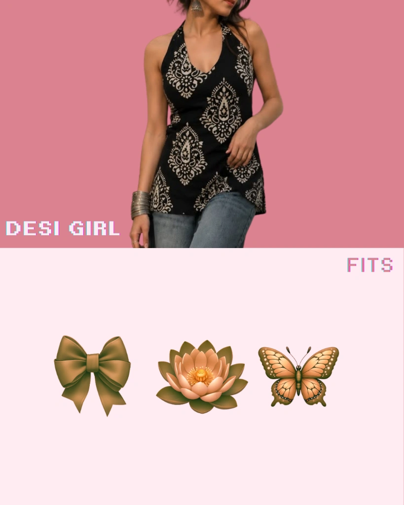 desi but make it cool outfit — printed halter top and denim