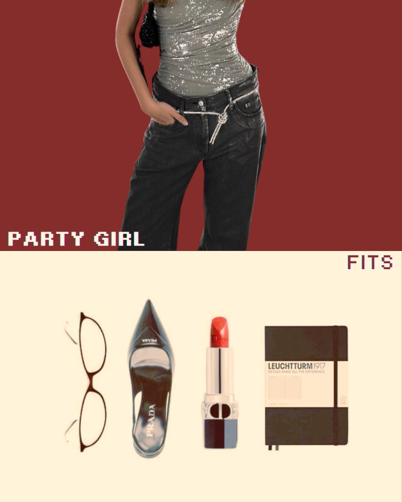 party girl outfit — metallic top and low-rise jeans